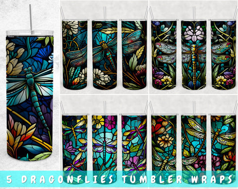 Stained Glass Dragonflies Tumbler Wraps Bundle, 20 Oz Skinny Tumbler Dragonflies Sublimation Designs, Dragonfly Tumbler PNG, 5 Designs Sublimation HappyDesignStudio 