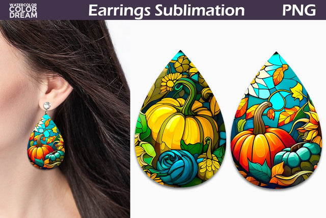 Stained Glass Fall Teardrop Earrings | Pumpkin Earrings Sublimation WatercolorColorDream 