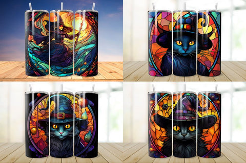 Stained Glass Halloween Black Cat Tumbler Bundle Sublimation Regulrcrative 