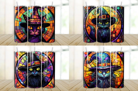 Stained Glass Halloween Black Cat Tumbler Bundle Sublimation Regulrcrative 