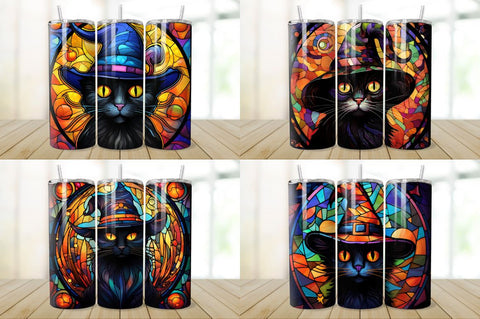 Stained Glass Halloween Black Cat Tumbler Bundle Sublimation Regulrcrative 