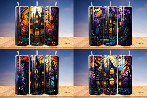 Stained Glass Halloween Haunted House Tumbler Bundle Sublimation Regulrcrative 
