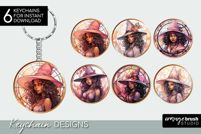 Stained Glass Halloween Keychain: African American Witch Sublimation OrangeBrushStudio 