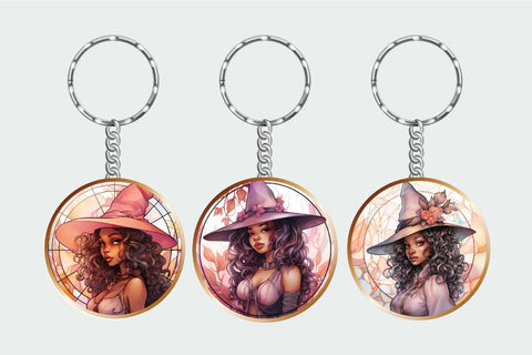 Stained Glass Halloween Keychain: African American Witch Sublimation OrangeBrushStudio 