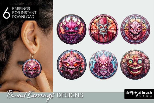 Stained Glass Halloween Monster Round Earrings Bundle Sublimation OrangeBrushStudio 
