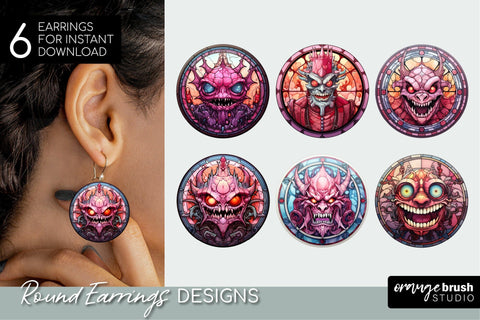 Stained Glass Halloween Monster Round Earrings Bundle Sublimation OrangeBrushStudio 