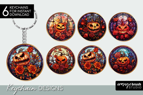 Stained Glass Halloween Pumpkin Keychain Sublimation Bundle Sublimation OrangeBrushStudio 