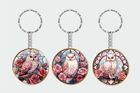 Stained Glass Halloween White Owl Round Keychain Bundle Sublimation OrangeBrushStudio 