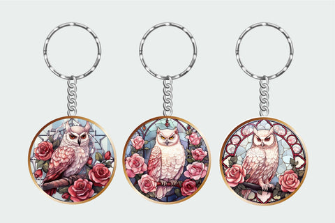 Stained Glass Halloween White Owl Round Keychain Bundle Sublimation OrangeBrushStudio 