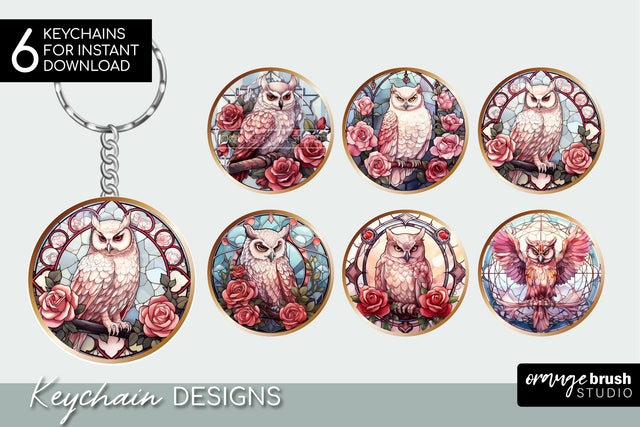 Stained Glass Halloween White Owl Round Keychain Bundle Sublimation OrangeBrushStudio 