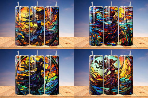 Stained Glass Halloween witch on broom Tumbler Bundle Sublimation Regulrcrative 