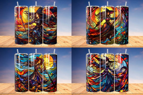 Stained Glass Halloween witch on broom Tumbler Bundle Sublimation Regulrcrative 