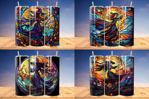 Stained Glass Halloween witch on broom Tumbler Bundle Sublimation Regulrcrative 