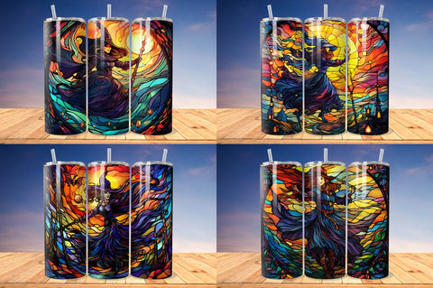 Stained Glass Halloween witch on broom Tumbler Bundle Sublimation Regulrcrative 