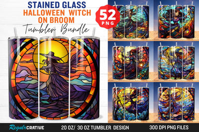 Stained Glass Halloween witch on broom Tumbler Bundle Sublimation Regulrcrative 