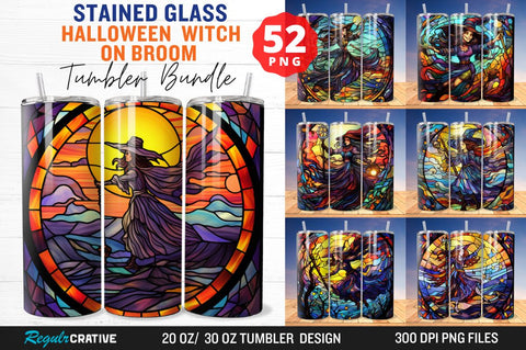Stained Glass Halloween witch on broom Tumbler Bundle Sublimation Regulrcrative 