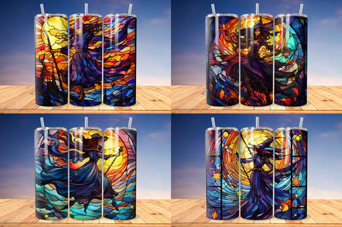Stained Glass Halloween witch on broom Tumbler Bundle Sublimation Regulrcrative 