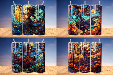 Stained Glass Halloween witch on broom Tumbler Bundle Sublimation Regulrcrative 