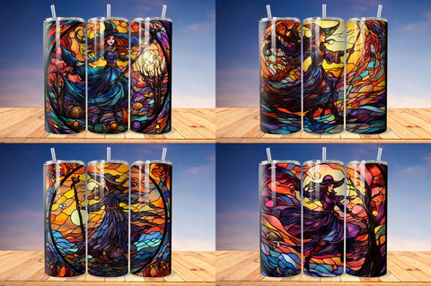 Stained Glass Halloween witch on broom Tumbler Bundle Sublimation Regulrcrative 