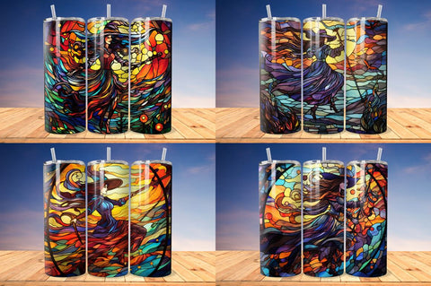 Stained Glass Halloween witch on broom Tumbler Bundle Sublimation Regulrcrative 