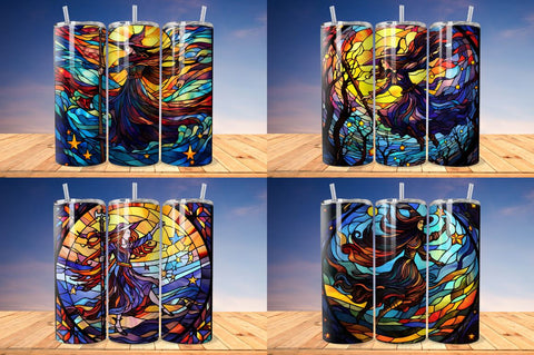 Stained Glass Halloween witch on broom Tumbler Bundle Sublimation Regulrcrative 