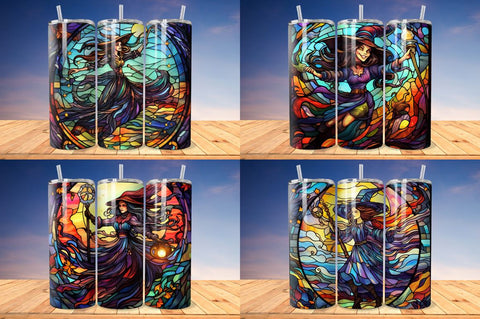 Stained Glass Halloween witch on broom Tumbler Bundle Sublimation Regulrcrative 