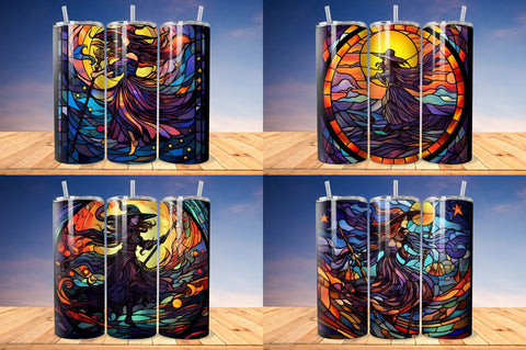 Stained Glass Halloween witch on broom Tumbler Bundle Sublimation Regulrcrative 