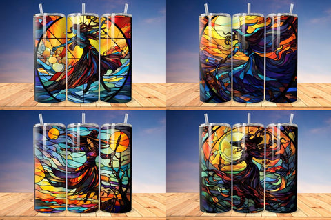 Stained Glass Halloween witch on broom Tumbler Bundle Sublimation Regulrcrative 