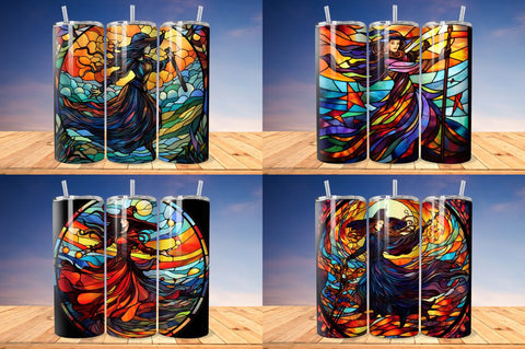 Stained Glass Halloween witch on broom Tumbler Bundle Sublimation Regulrcrative 
