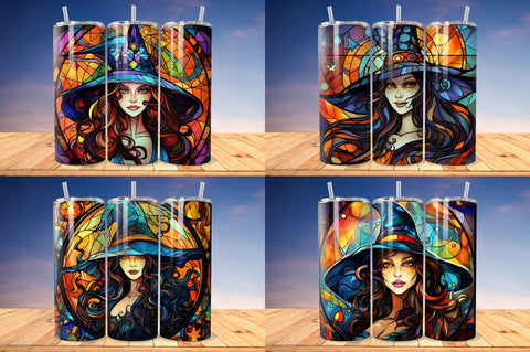 Stained Glass Halloween Woman Witch Hat Tumbler Bundle Sublimation Regulrcrative 