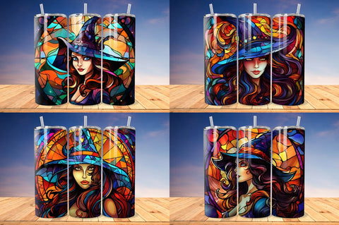 Stained Glass Halloween Woman Witch Hat Tumbler Bundle Sublimation Regulrcrative 