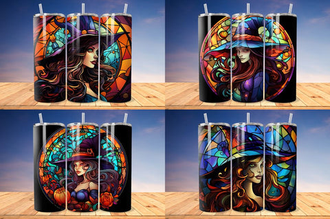 Stained Glass Halloween Woman Witch Hat Tumbler Bundle Sublimation Regulrcrative 