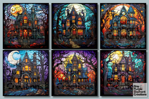 Stained Glass Haunted House | Halloween Sublimation Digital Pattern Fine Purple Elephant Creations 