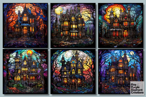 Stained Glass Haunted House | Halloween Sublimation Digital Pattern Fine Purple Elephant Creations 