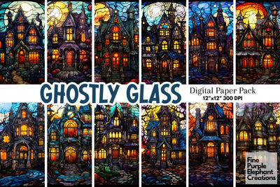 Stained Glass Haunted House | Halloween Sublimation Digital Pattern Fine Purple Elephant Creations 
