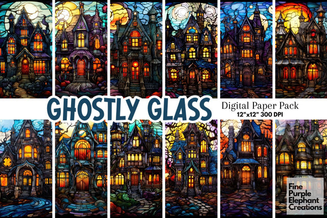 Stained Glass Haunted House | Halloween Sublimation Digital Pattern Fine Purple Elephant Creations 