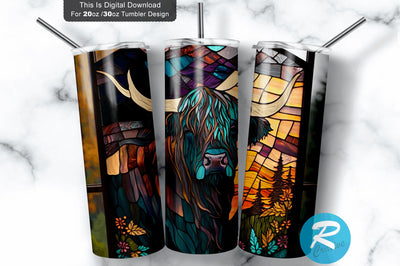Stained Glass Highland Cow 20 Oz / 30 Oz Tumbler PNG Sublimation Regulrcrative 