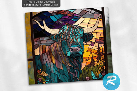 Stained Glass Highland Cow 20 Oz / 30 Oz Tumbler PNG Sublimation Regulrcrative 