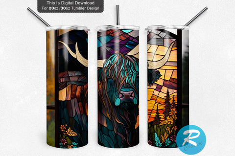 Stained Glass Highland Cow 20 Oz / 30 Oz Tumbler PNG Sublimation Regulrcrative 