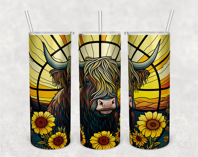 Stained Glass Highland Cow Tumbler Wrap, Highland Cow With Sunflowers Tumbler Sublimation Design, 20 oz Skinny Tumbler PNG Sublimation HappyDesignStudio 