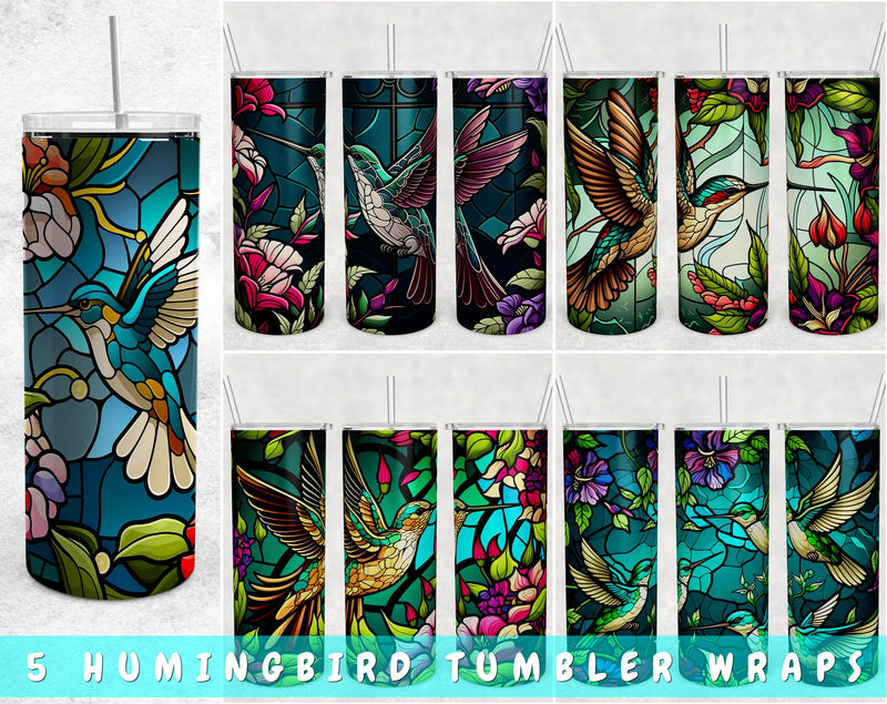 Stained Glass Hummingbird Tumbler Wraps Bundle, 20 Oz Skinny Tumbler Hummingbird Sublimation Designs, 5 Designs Sublimation HappyDesignStudio 
