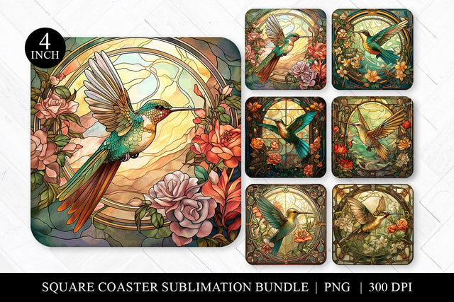 Stained Glass Hummingbirds Square Coaster Sublimation Bundle Sublimation BijouBay 