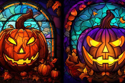 Stained Glass Jack 'o Lantern Pumpkins Backgrounds Bundle Sublimation Regulrcrative 
