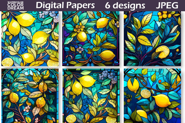 Stained Glass Lemon Illustration | Stained Glass Graphics Digital Pattern WatercolorColorDream 