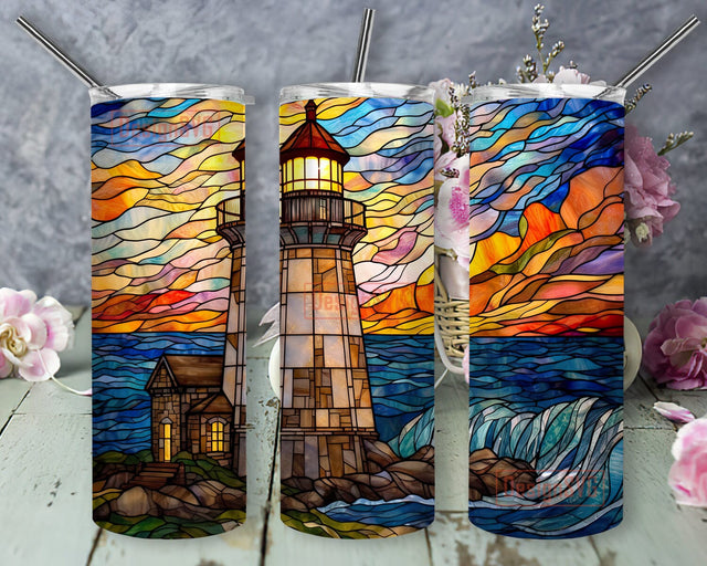 Stained Glass Lighthouse 20oz Skinny Tumbler Png, Ocean Sea Tumbler, Beach Life Sea Life Ocean Life Lighthouse Sailing Tumbler,Stormy Ocean Tumbler Sublimation DesignSVG 
