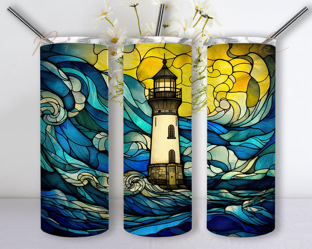 Stained Glass Lighthouse 20oz Skinny Tumbler Png, Ocean Sea Tumbler, Beach Life Sea Life Ocean Life Lighthouse Sailing Tumbler,Stormy Ocean Tumbler Sublimation PixelChick 