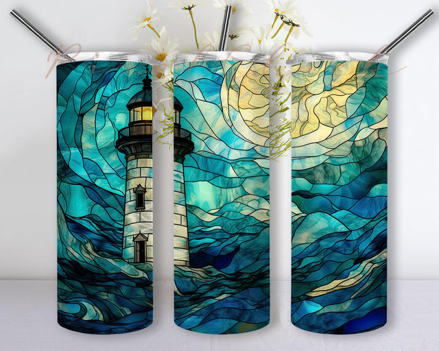 Stained Glass Lighthouse 20oz Skinny Tumbler Png, Ocean Sea Tumbler, Beach Life Sea Life Ocean Life Lighthouse Sailing Tumbler,Stormy Ocean Tumbler Sublimation PixelChick 