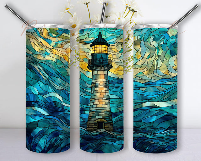 Stained Glass Lighthouse 20oz Skinny Tumbler Png, Ocean Sea Tumbler, Beach Life Sea Life Ocean Life Lighthouse Sailing Tumbler,Stormy Ocean Tumbler Sublimation PixelChick 