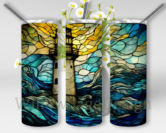 Stained Glass Lighthouse 20oz Skinny Tumbler Png, Ocean Sea Tumbler, Beach Life Sea Life Ocean Life Lighthouse Sailing Tumbler,Stormy Ocean Tumbler Sublimation WillowSageDesign 