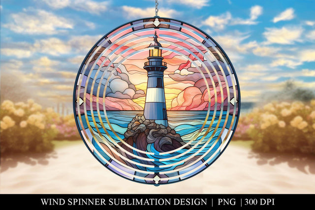 Stained Glass Lighthouse Wind Spinner Sublimation Design PNG Sublimation BijouBay 